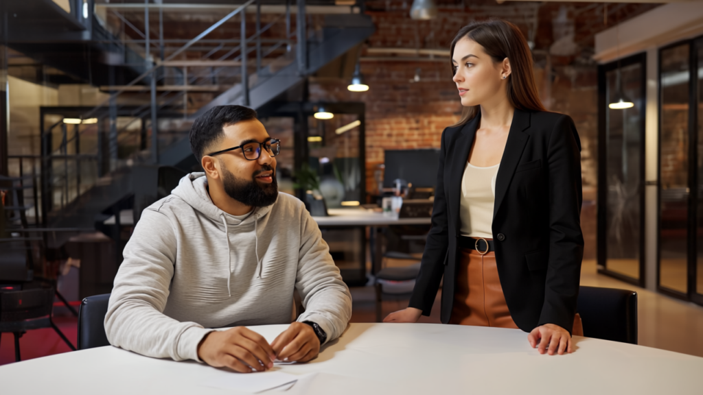 Two UK professionals, Omar and Jessica, engaged in a thoughtful conversation about AI adoption in a modern office setting.