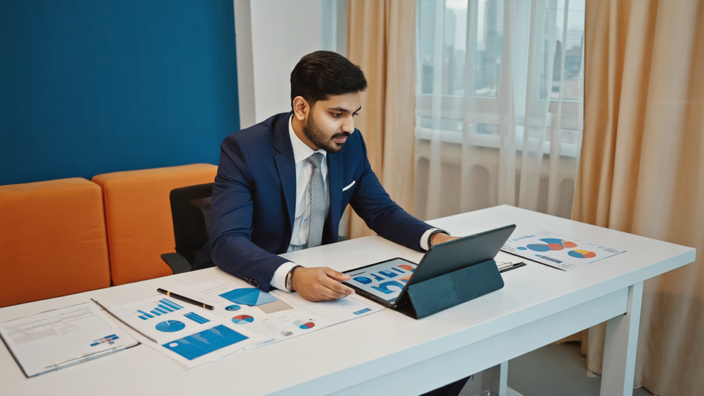 Business owner in a modern office reviewing custom graphic design concepts on a tablet, with Birmingham city skyline visible in the background, symbolizing local business branding innovation.