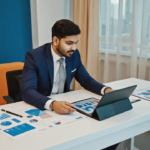 Business owner in a modern office reviewing custom graphic design concepts on a tablet, with Birmingham city skyline visible in the background, symbolizing local business branding innovation.