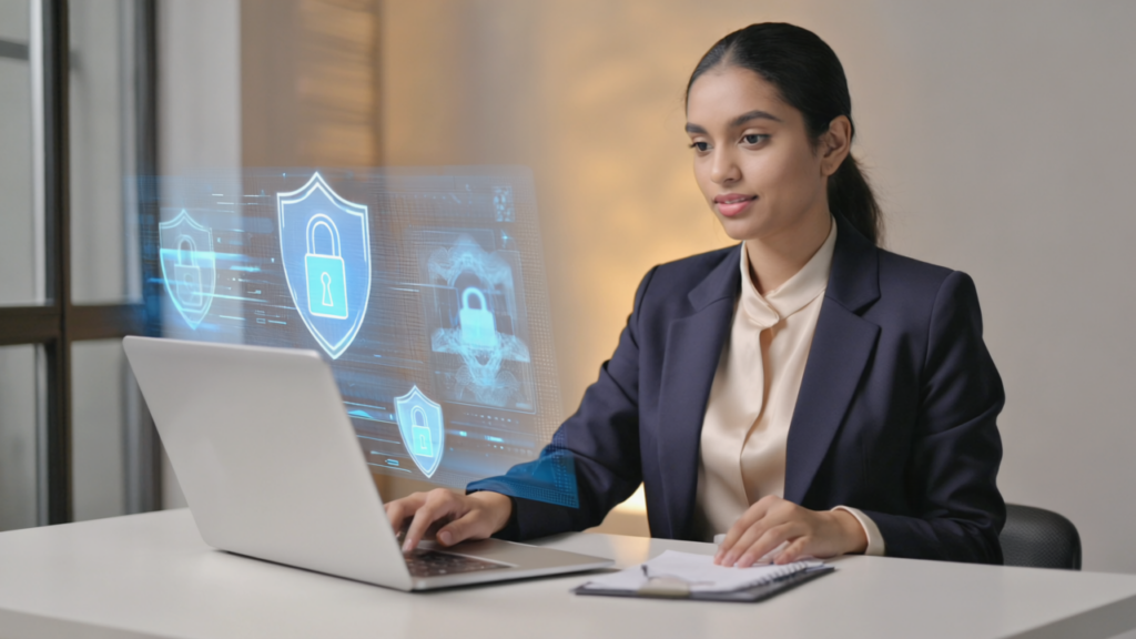 Small business owner confidently securing digital data on a laptop in a modern UK office setting, highlighting the importance of cybersecurity for SMEs in 2026.
