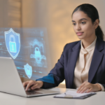 Small business owner confidently securing digital data on a laptop in a modern UK office setting, highlighting the importance of cybersecurity for SMEs in 2026.