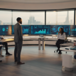 A UK IT support team monitors cyber security threats in a modern office with large screens showing analytics, with Manchester cityscape visible in the background.