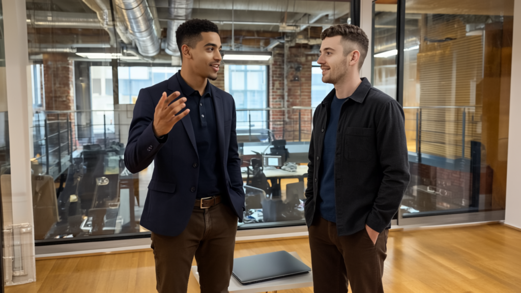 Zak and Adam collaborating professionally in a modern UK office, expressing teamwork and engagement around managed IT services for small businesses.