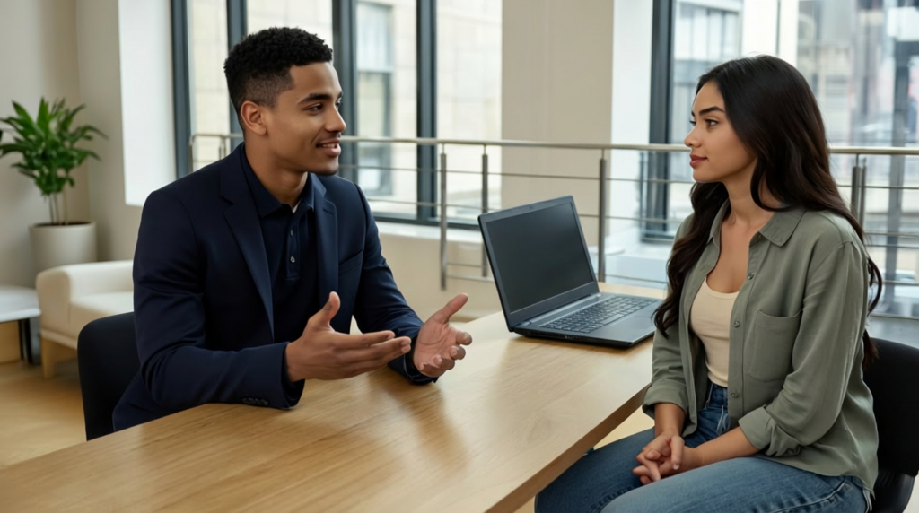 Zak and Sara in a UK office engaged in a professional discussion, implying collaboration on managed IT services for SMEs with confident and attentive expressions.