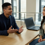 Zak and Sara in a UK office engaged in a professional discussion, implying collaboration on managed IT services for SMEs with confident and attentive expressions.