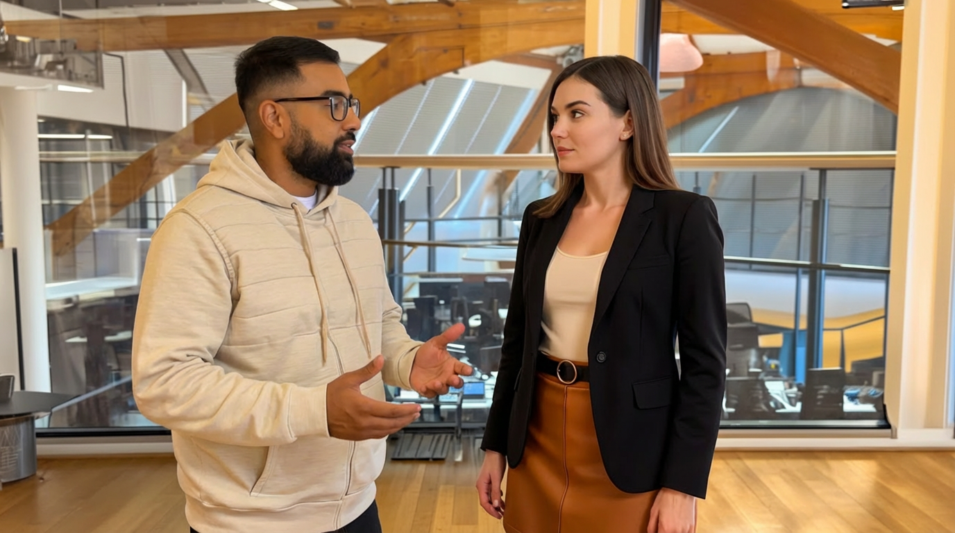 Two colleagues working together in a modern UK office, showing natural interaction and professional focus on business growth.