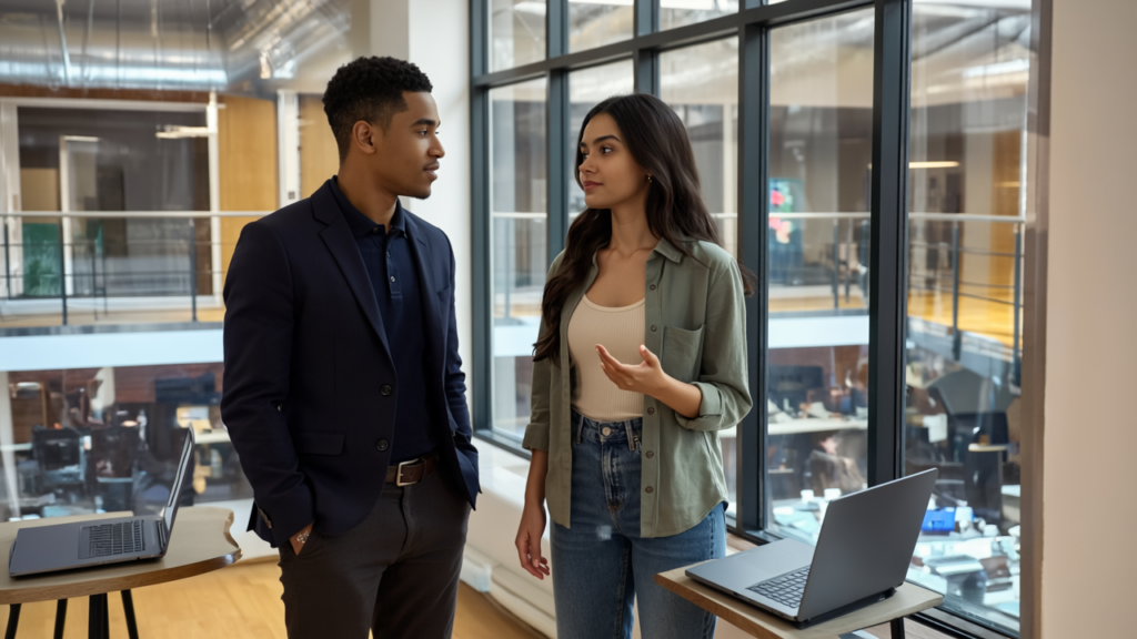 Two professionals collaborating in a modern UK office, expressing engagement and thoughtful discussion on online promotion.