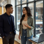 Two professionals collaborating in a modern UK office, expressing engagement and thoughtful discussion on online promotion.