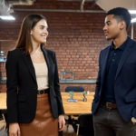 Jessica and Zak having a productive discussion in a UK office, representing school support services improving teacher productivity.