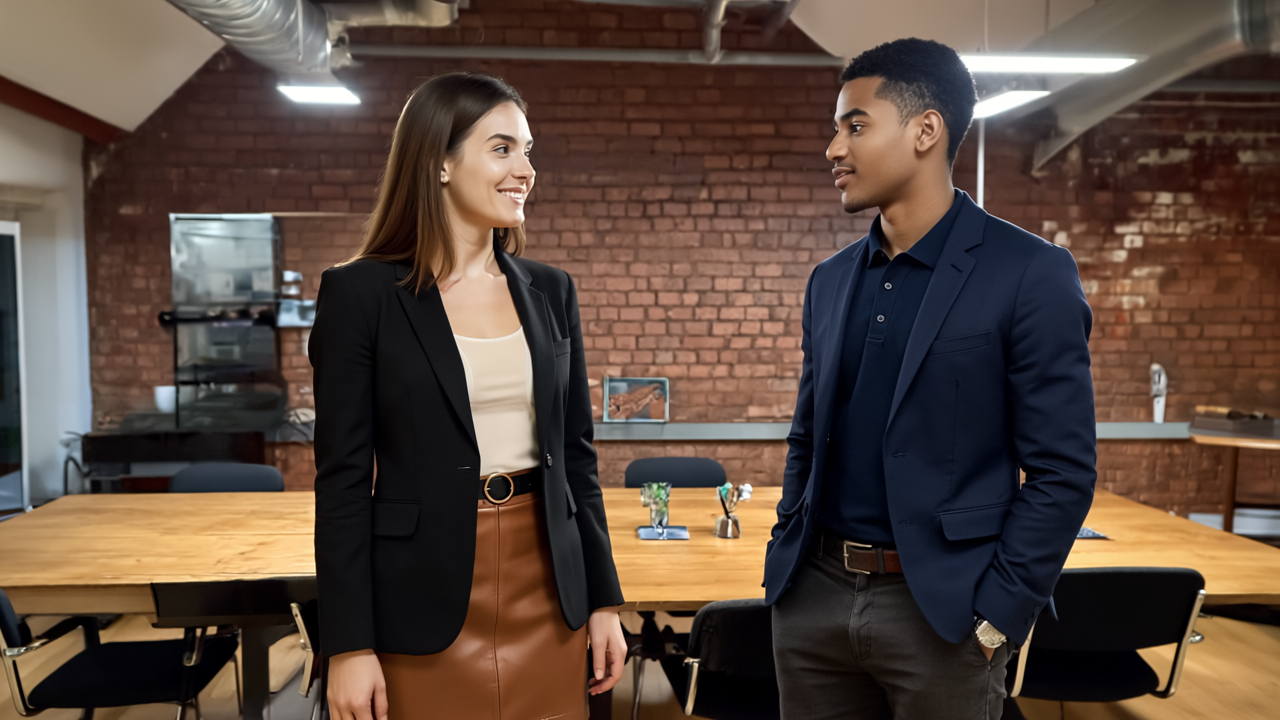 Jessica and Zak having a productive discussion in a UK office, representing school support services improving teacher productivity.
