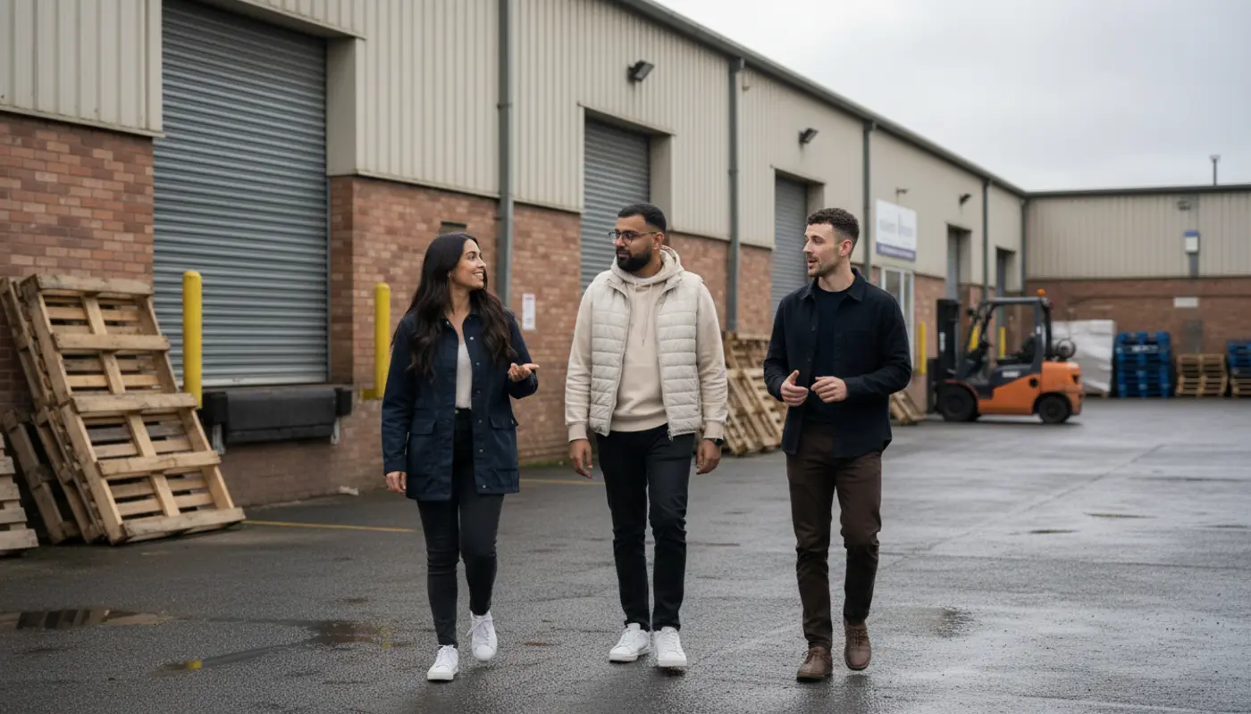 Sara, Omar, and Adam walking outside a UK loading bay reviewing shipping operations.