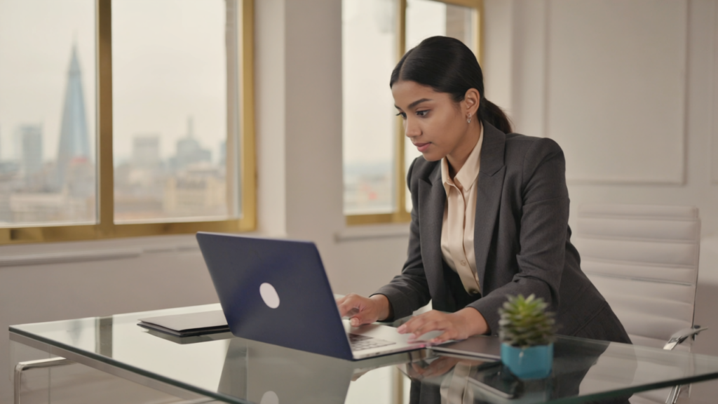 A UK small business owner analysing SEO strategies on a laptop, focused on competing with big brands in local search rankings.