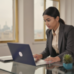 A UK small business owner analysing SEO strategies on a laptop, focused on competing with big brands in local search rankings.