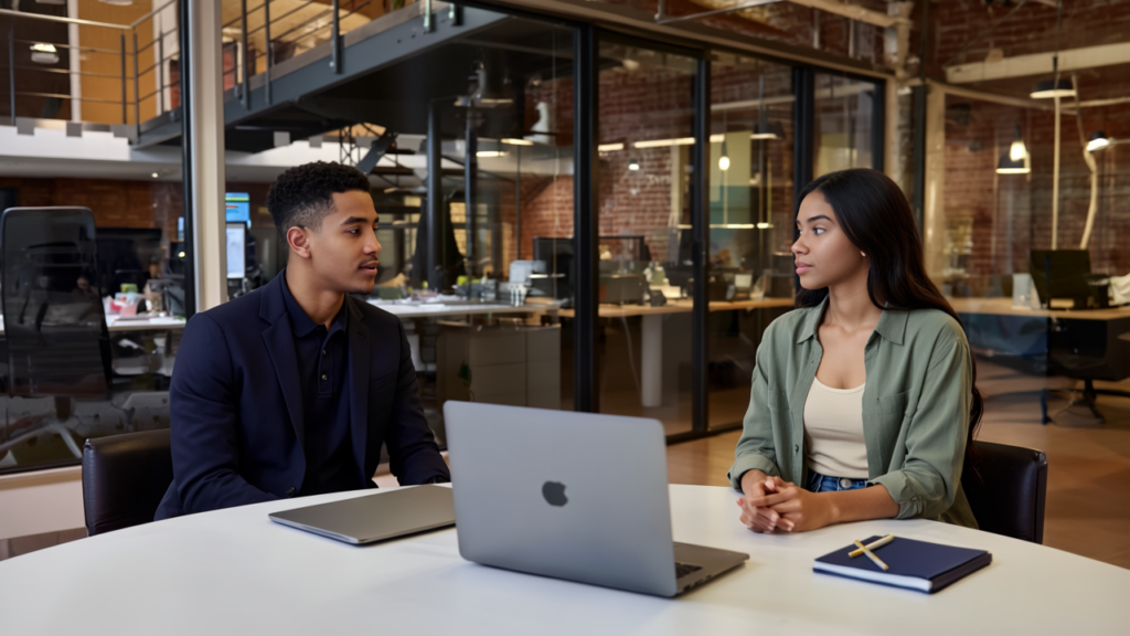 Zak and Sara in a UK office discussing product research strategies, both focused and engaged, with a real office background.