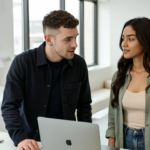 Adam and Sara collaborating on social media strategy in a UK office, showing authentic engagement through their focused expressions and body language.
