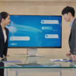 Professional woman and man in a modern Birmingham office interacting with a chatbot on their business website shown on a desktop screen.