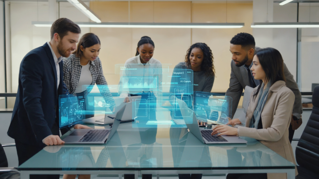 Professionals in a modern Birmingham office collaborating on AI automation integration using Microsoft 365 applications visible on laptops and tablets.