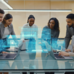 Professionals in a modern Birmingham office collaborating on AI automation integration using Microsoft 365 applications visible on laptops and tablets.