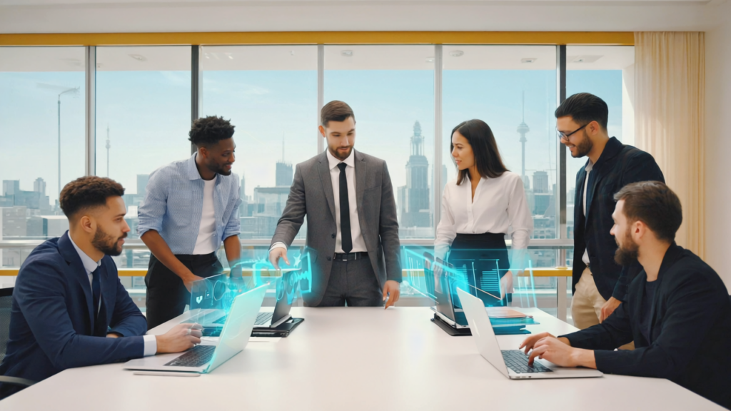 A Birmingham business team working together on laptops displaying website speed and Core Web Vitals data with the Birmingham city skyline in the background.