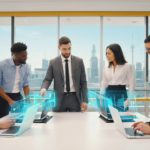 A Birmingham business team working together on laptops displaying website speed and Core Web Vitals data with the Birmingham city skyline in the background.