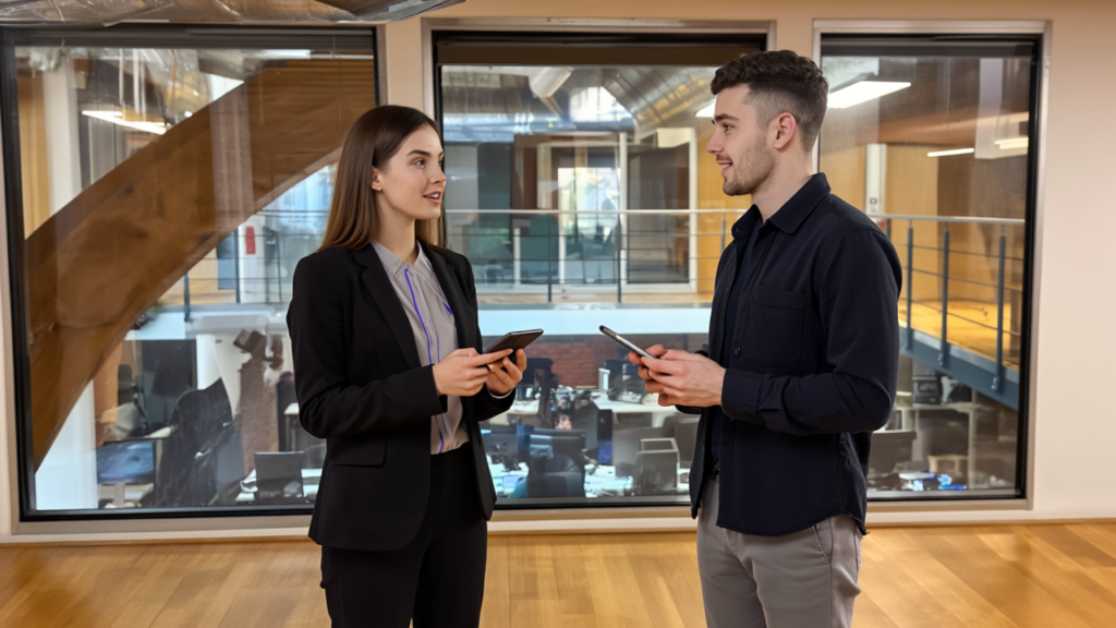 Two UK office professionals, Jessica 2 and Adam, engaged in a focused, collaborative discussion about VoIP setup in a modern office environment.