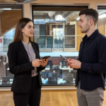 Two UK office professionals, Jessica 2 and Adam, engaged in a focused, collaborative discussion about VoIP setup in a modern office environment.