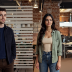 Adam and Sara in a UK office setting having a thoughtful business conversation implying the importance of CRM systems for business growth.