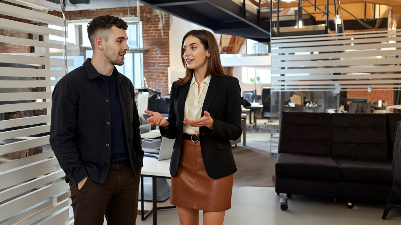 Two UK office colleagues discussing brand identity elements, captured in a professional UK office setting from a different angle.