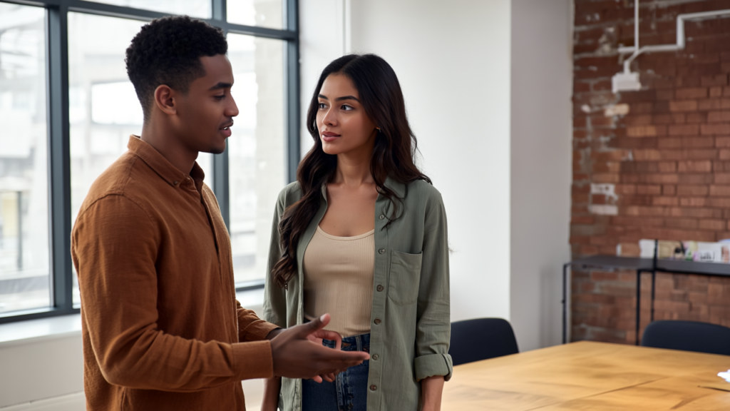Two professionals discussing logo design strategies in a modern UK office, dressed in casual business clothing with earth-tone accents, showing collaboration and focus.