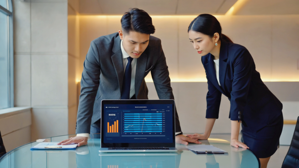 UK business professionals analyzing marketing ROI metrics on a laptop screen showing organic versus paid marketing comparison in a modern office.