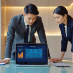 UK business professionals analyzing marketing ROI metrics on a laptop screen showing organic versus paid marketing comparison in a modern office.