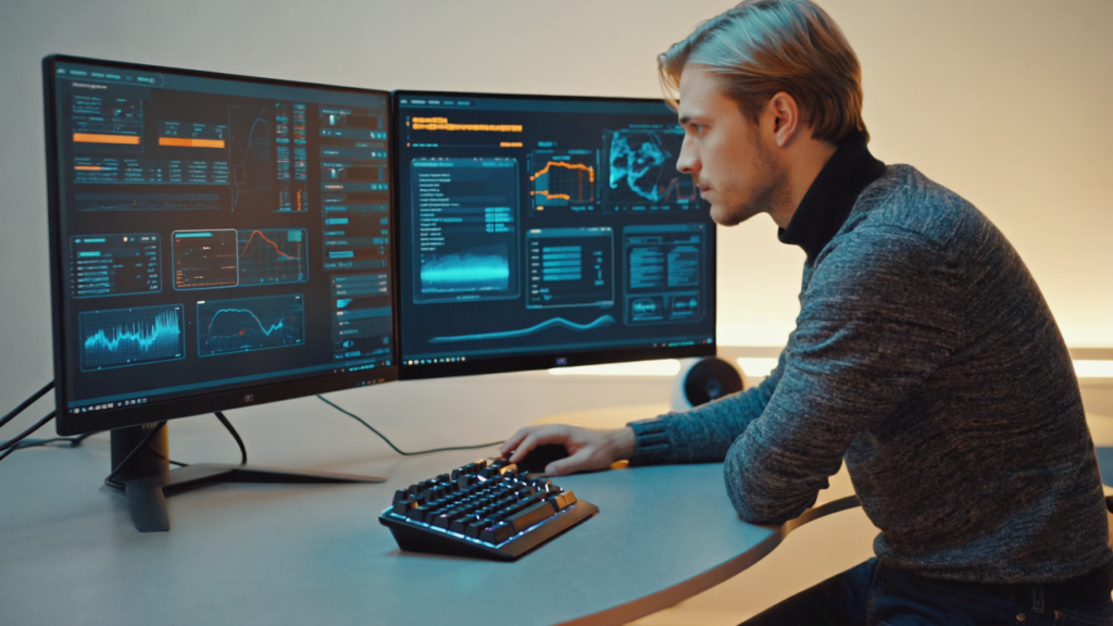 IT support technician in a modern Manchester office monitoring real-time IT systems on multiple screens showing graphs and alerts, demonstrating proactive IT management.
