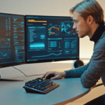 IT support technician in a modern Manchester office monitoring real-time IT systems on multiple screens showing graphs and alerts, demonstrating proactive IT management.