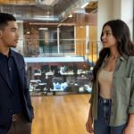 Two UK business professionals engaged in a thoughtful conversation about ecommerce platforms in a modern office.