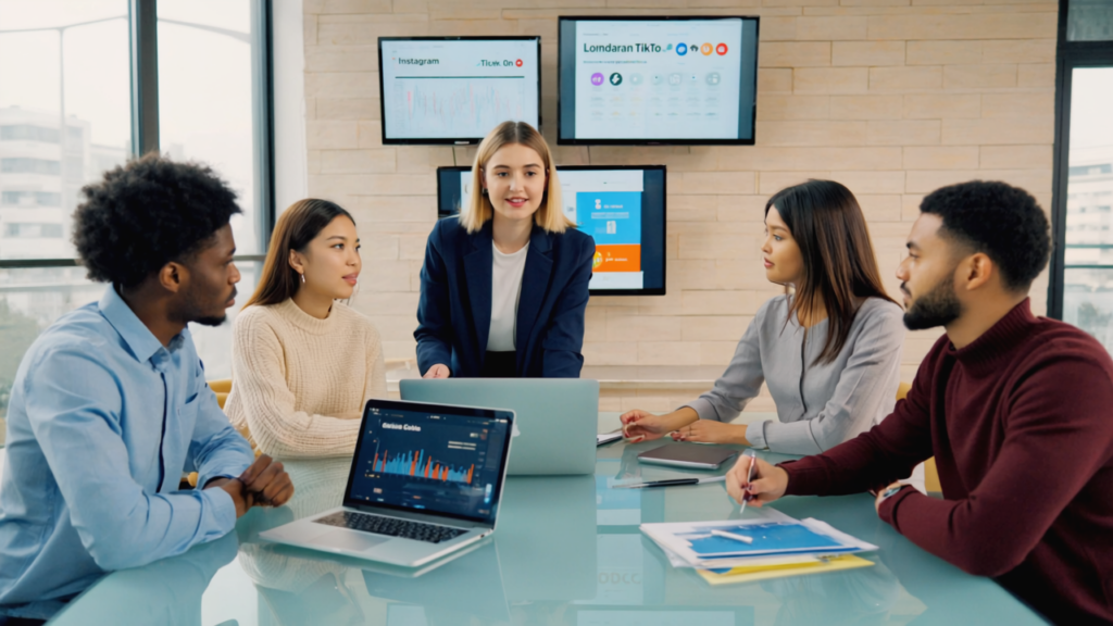 A diverse group of UK business professionals collaborating around a laptop in a bright office, actively brainstorming social media marketing strategies for 2026.