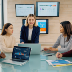 A diverse group of UK business professionals collaborating around a laptop in a bright office, actively brainstorming social media marketing strategies for 2026.