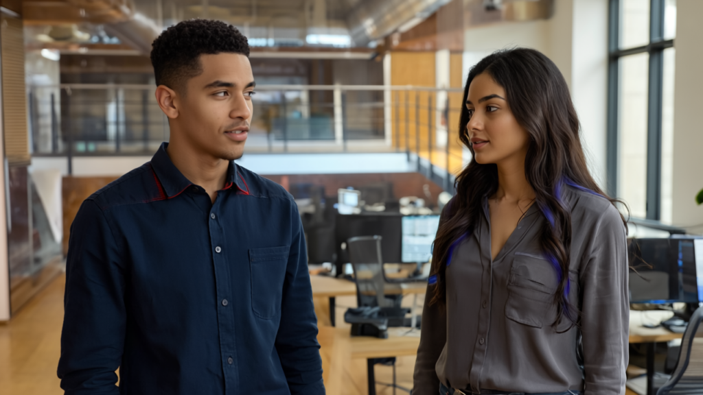 Two IT professionals in a modern UK office in a medium shot engaged in serious discussion about cybersecurity, showing concern and alertness through natural posture and expression.