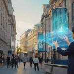 Busy London street with modern AI-personalised digital signage screens showing dynamic advertisements and people interacting, illustrating advanced, eco-friendly, and touchless 2026 UK digital signage trends.