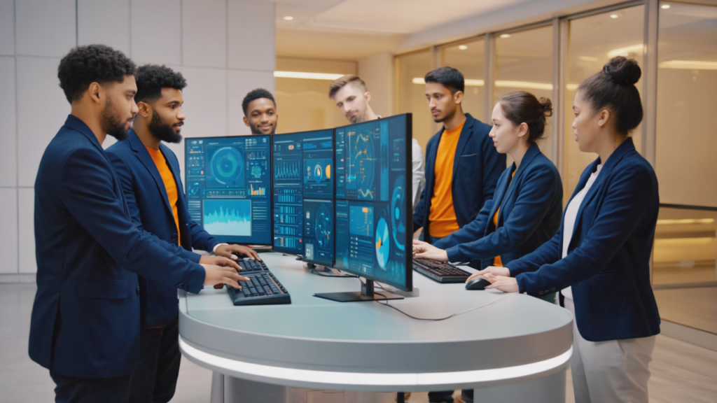 Professional IT support team managing advanced school technology systems with AI analytics visuals in a modern educational setting.