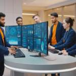 Professional IT support team managing advanced school technology systems with AI analytics visuals in a modern educational setting.