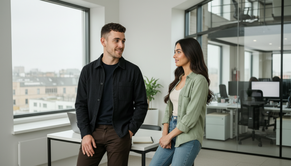 Adam and Sara in a professional UK office discussing business with attentive and confident expressions, implying teamwork and focus.