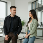 Adam and Sara in a professional UK office discussing business with attentive and confident expressions, implying teamwork and focus.