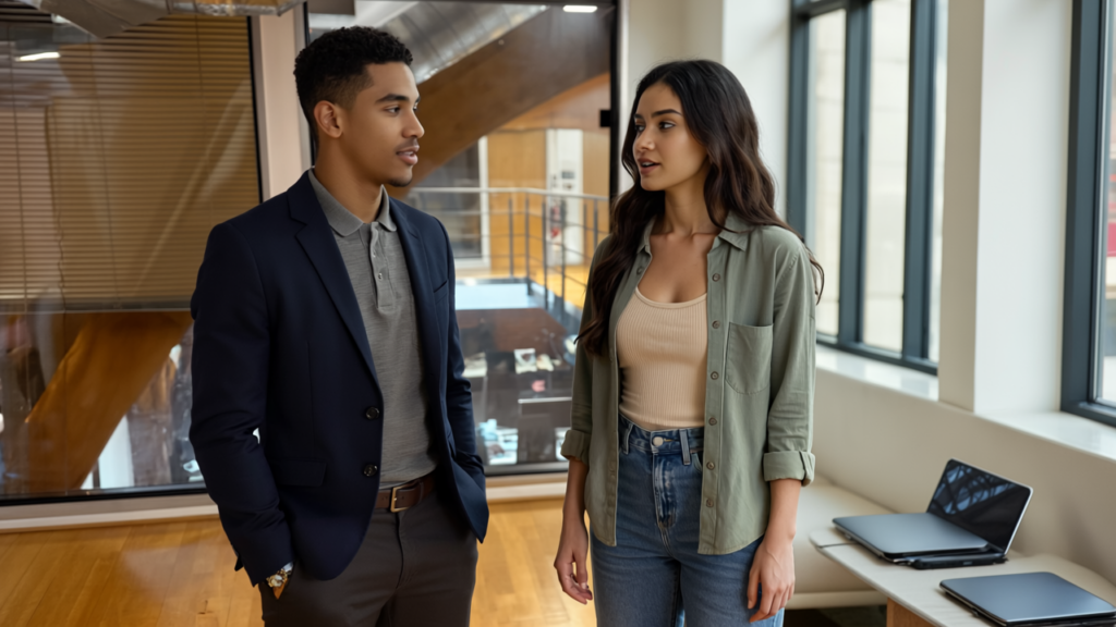 Zak and Sara engaged in a professional conversation in a modern UK office environment, discussing IT services in classrooms