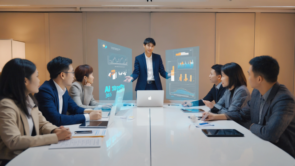Diverse business team collaborating in a modern UK office around laptops showing Microsoft 365 and AI analytics on screens, symbolizing advanced AI integration in 2026.