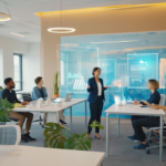 A diverse group of UK professionals working in a hybrid office setting with advanced technology and greenery, illustrating 2026 work trends.