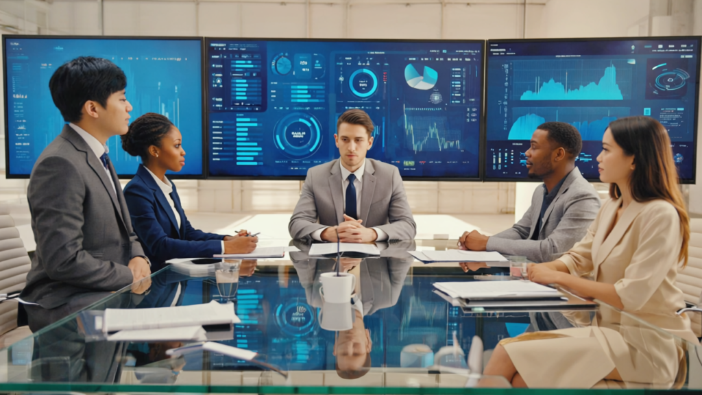 Diverse business professionals collaborating around digital screens showing social media AI analytics dashboards with charts and trend predictions in a modern office with light beige walls.