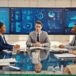 Diverse business professionals collaborating around digital screens showing social media AI analytics dashboards with charts and trend predictions in a modern office with light beige walls.