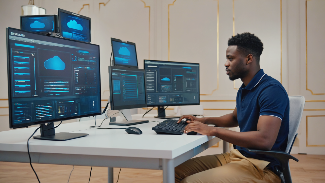 IT support specialist working in a UK school office, managing educational technology and secure data systems, representing professional IT support benefits.