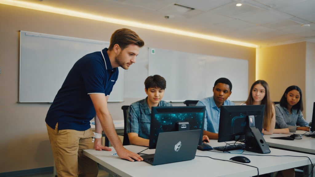 Professional IT technician assisting teachers and students in a modern UK school IT classroom with interactive whiteboards and laptops, showcasing effective technology support.