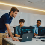 Professional IT technician assisting teachers and students in a modern UK school IT classroom with interactive whiteboards and laptops, showcasing effective technology support.